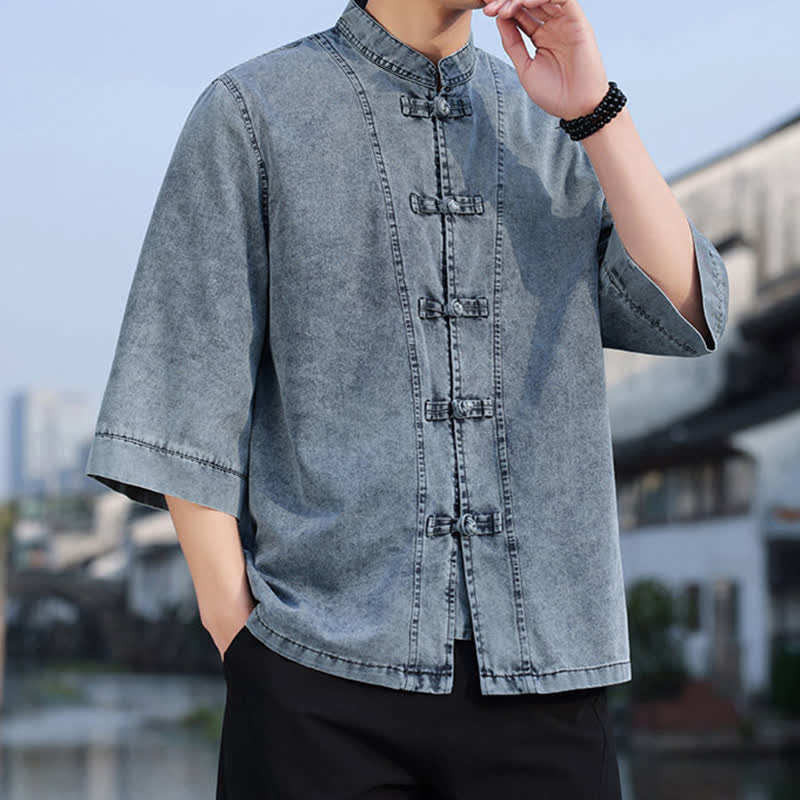 Buddha Stones Veste homme style Tang à boutons grenouille, en coton uni, courte, manches coudes, style vintage printanier - image 20