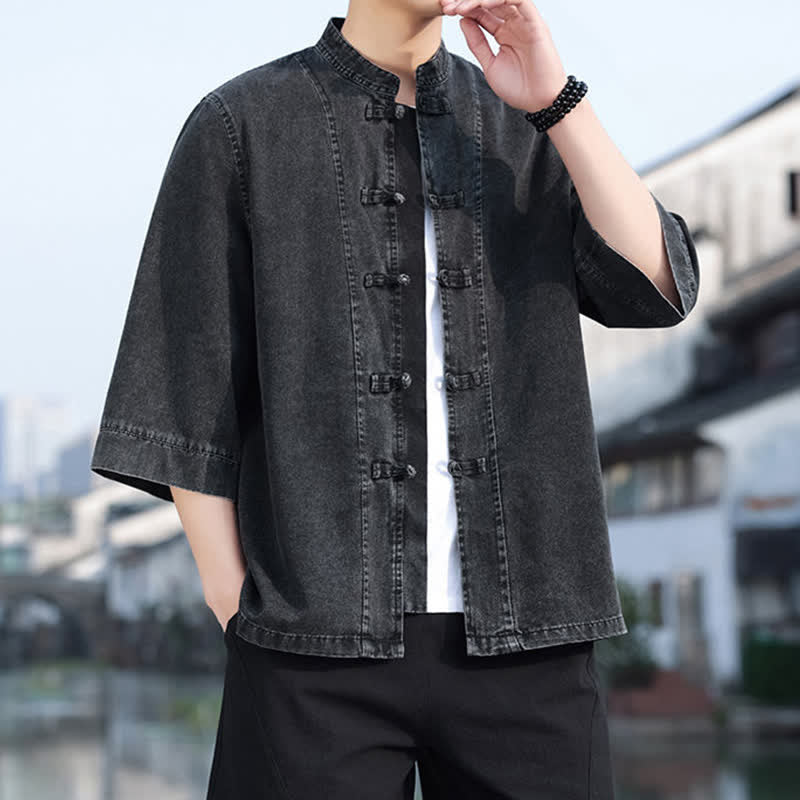 Buddha Stones Veste homme style Tang à boutons grenouille, en coton uni, courte, manches coudes, style vintage printanier - Noir - US/UK/AU46，EU56 (5XL) - image 0