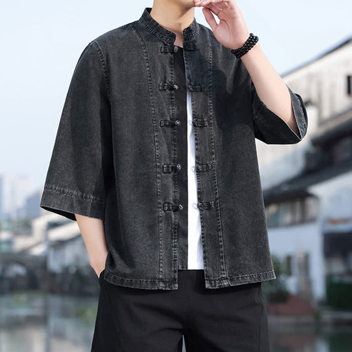 Buddha Stones Veste homme style Tang à boutons grenouille, en coton uni, courte, manches coudes, style vintage printanier - Noir - US/UK/AU46，EU56 (5XL) - image 0