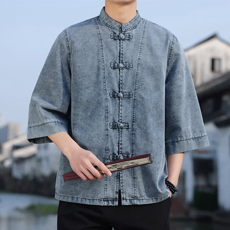 Buddha Stones Veste homme style Tang à boutons grenouille, en coton uni, courte, manches coudes, style vintage printanier - image 22