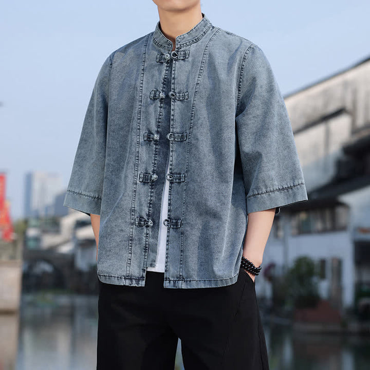 Buddha Stones Veste homme style Tang à boutons grenouille, en coton uni, courte, manches coudes, style vintage printanier - image 21