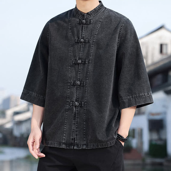 Buddha Stones Veste homme style Tang à boutons grenouille, en coton uni, courte, manches coudes, style vintage printanier - image 1