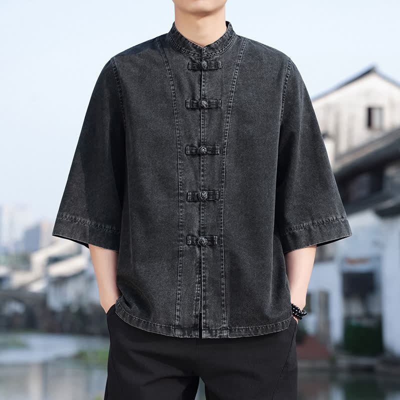 Buddha Stones Veste homme style Tang à boutons grenouille, en coton uni, courte, manches coudes, style vintage printanier - image 3