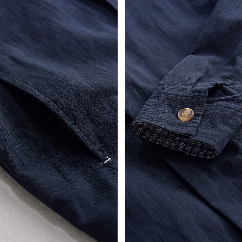 Buddha Stones Veste homme décontractée d'automne en lin uni à boutons avec poches - image 12