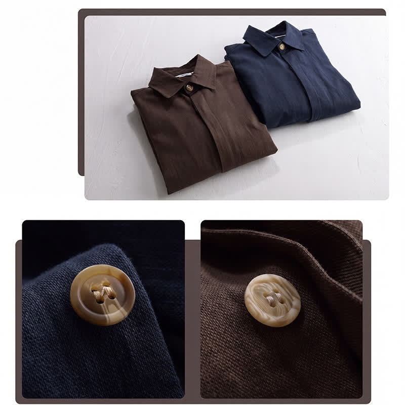 Buddha Stones Veste homme décontractée d'automne en lin uni à boutons avec poches - image 20