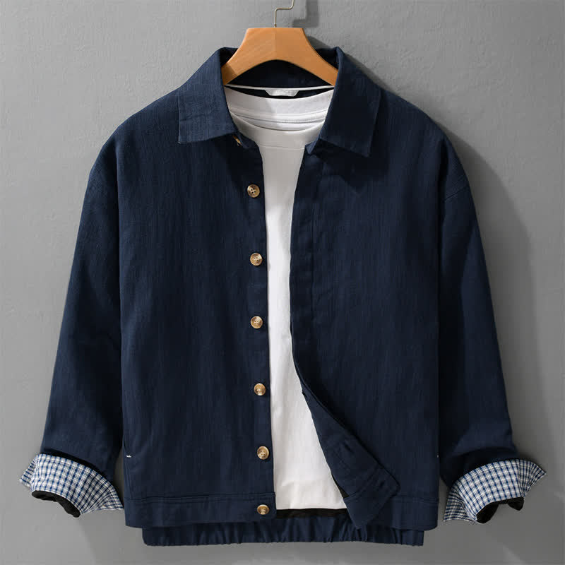 Buddha Stones Veste homme décontractée d'automne en lin uni à boutons avec poches - Marine - US/UK/AU42，EU52 (3XL) - image 8