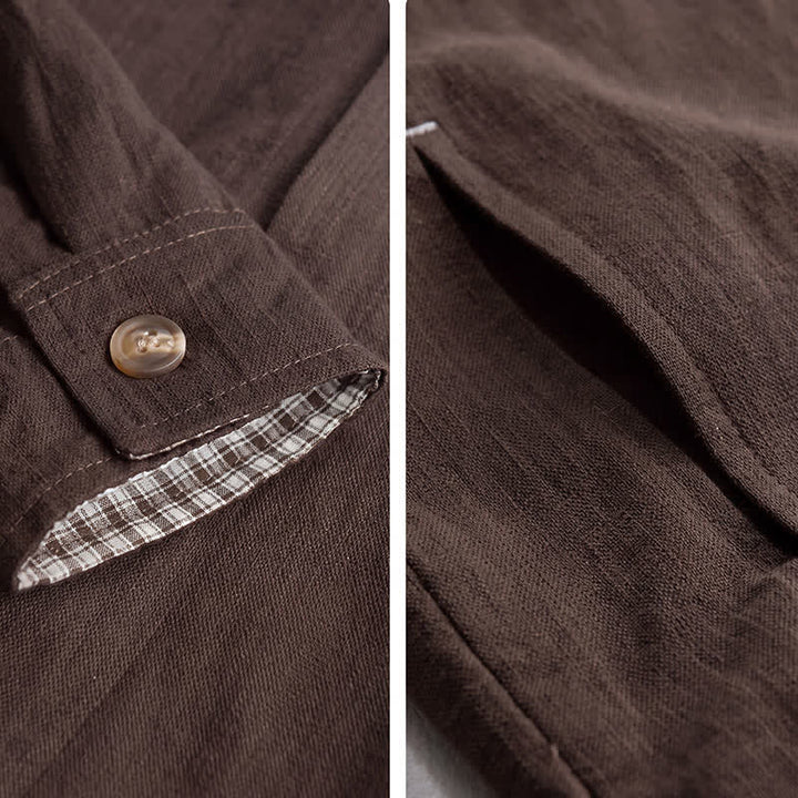 Buddha Stones Veste homme décontractée d'automne en lin uni à boutons avec poches - image 4