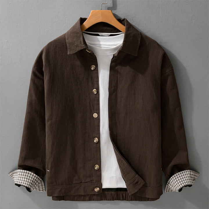 Buddha Stones Veste homme décontractée d'automne en lin uni à boutons avec poches - SaddleBrown - US/UK/AU42，EU52 (3XL) - image 0