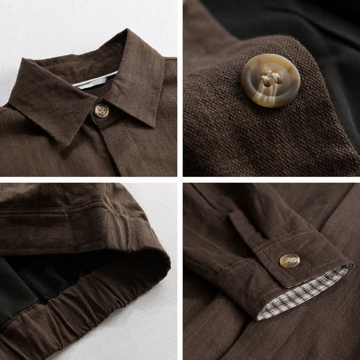 Buddha Stones Veste homme décontractée d'automne en lin uni à boutons avec poches - image 1