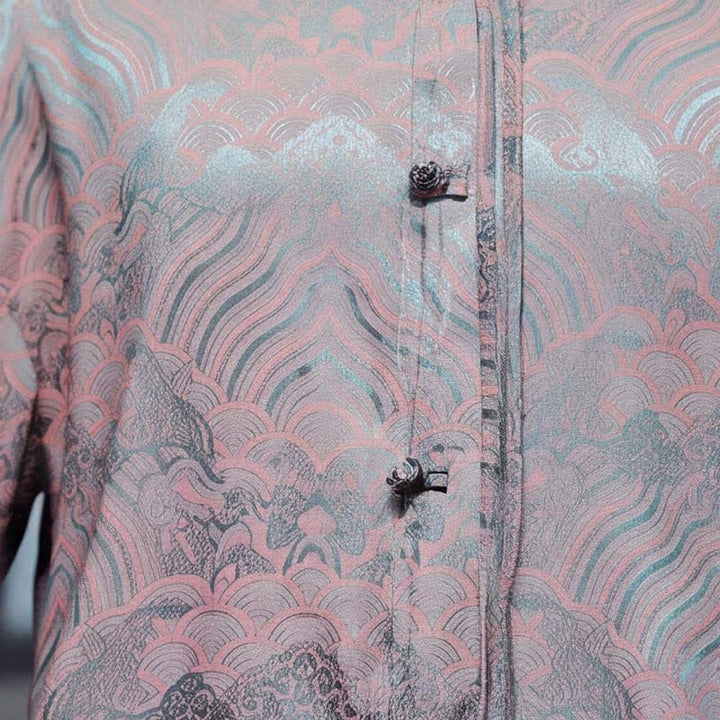 Buddha Stones Chemises à manches longues pour hommes, style Tang vintage automne, col mandarin, motif vagues abstraites - image 13