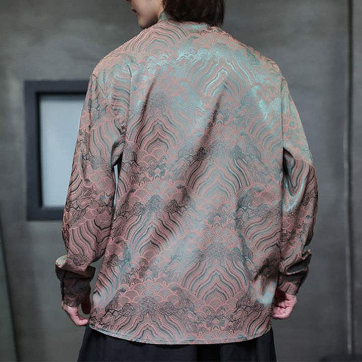 Buddha Stones Chemises à manches longues pour hommes, style Tang vintage automne, col mandarin, motif vagues abstraites - image 4