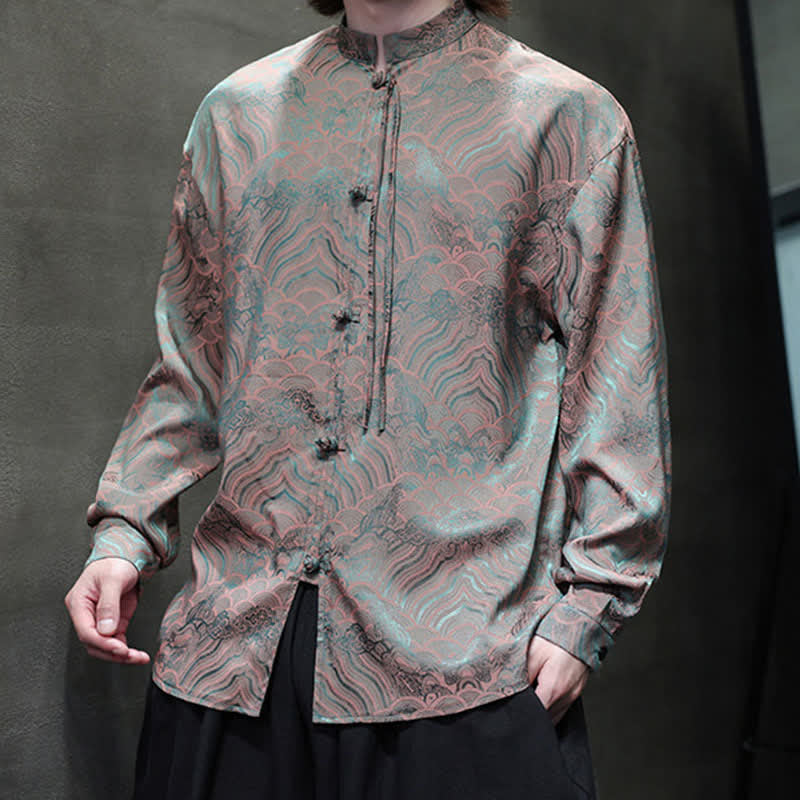 Buddha Stones Chemises à manches longues pour hommes, style Tang vintage automne, col mandarin, motif vagues abstraites - image 9
