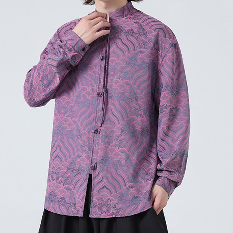 Buddha Stones Chemises à manches longues pour hommes, style Tang vintage automne, col mandarin, motif vagues abstraites - image 20
