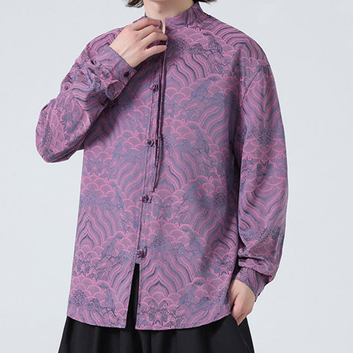 Buddha Stones Chemises à manches longues pour hommes, style Tang vintage automne, col mandarin, motif vagues abstraites - image 20