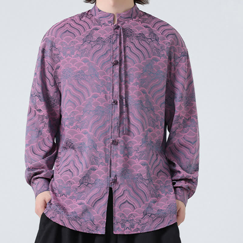 Buddha Stones Chemises à manches longues pour hommes, style Tang vintage automne, col mandarin, motif vagues abstraites - image 22