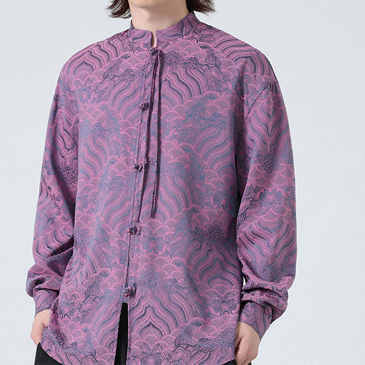 Buddha Stones Chemises à manches longues pour hommes, style Tang vintage automne, col mandarin, motif vagues abstraites - image 21