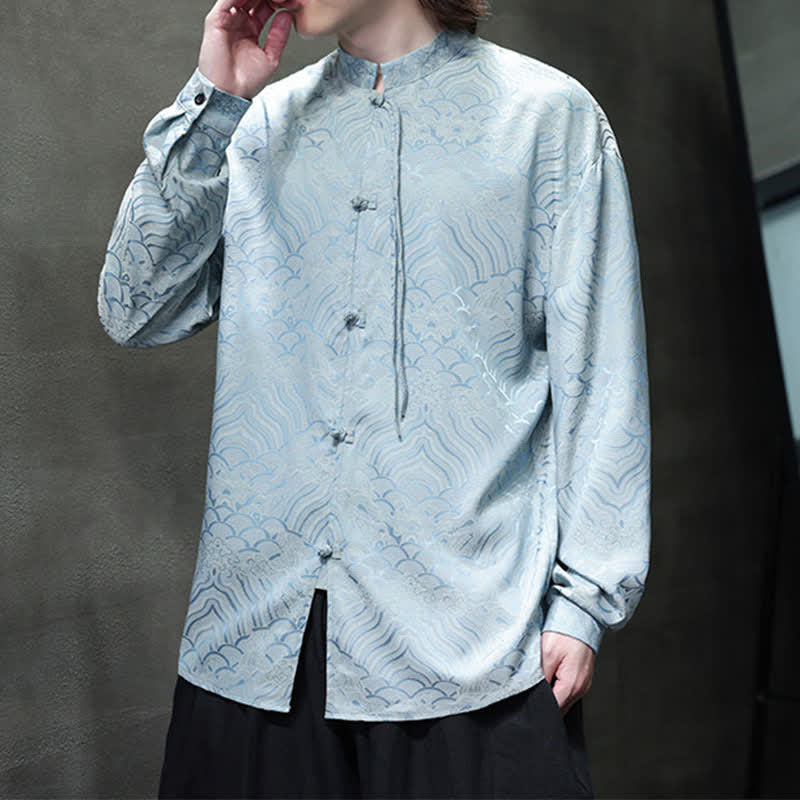 Buddha Stones Chemises à manches longues pour hommes, style Tang vintage automne, col mandarin, motif vagues abstraites - image 29