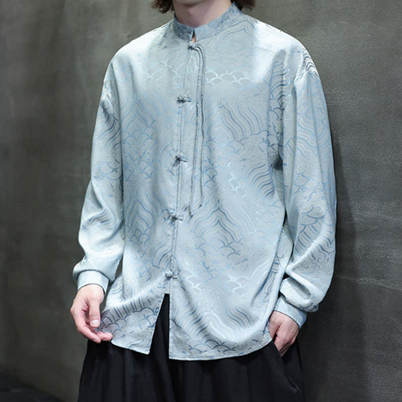 Buddha Stones Chemises à manches longues pour hommes, style Tang vintage automne, col mandarin, motif vagues abstraites - image 28