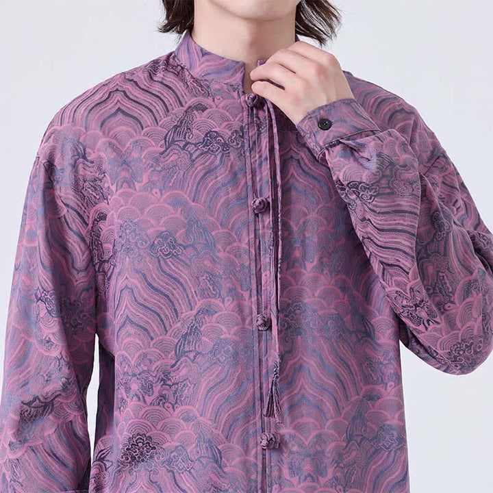 Buddha Stones Chemises à manches longues pour hommes, style Tang vintage automne, col mandarin, motif vagues abstraites - image 25