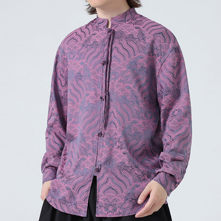 Buddha Stones Chemises à manches longues pour hommes, style Tang vintage automne, col mandarin, motif vagues abstraites - image 23