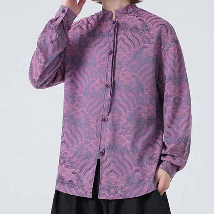 Buddha Stones Chemises à manches longues pour hommes, style Tang vintage automne, col mandarin, motif vagues abstraites - image 24