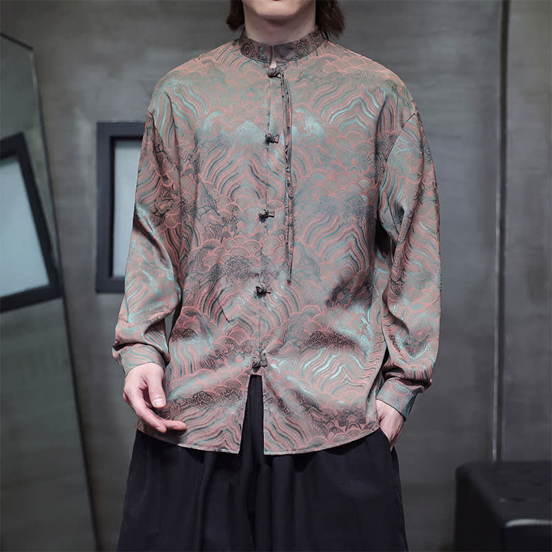 Buddha Stones Chemises à manches longues pour hommes, style Tang vintage automne, col mandarin, motif vagues abstraites - image 6