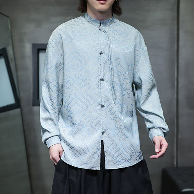 Buddha Stones Chemises à manches longues pour hommes, style Tang vintage automne, col mandarin, motif vagues abstraites - image 27