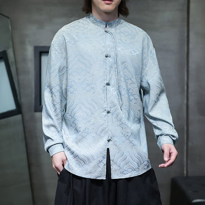 Buddha Stones Chemises à manches longues pour hommes, style Tang vintage automne, col mandarin, motif vagues abstraites - image 27