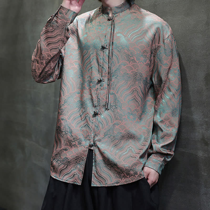 Buddha Stones Chemises à manches longues pour hommes, style Tang vintage automne, col mandarin, motif vagues abstraites - image 2