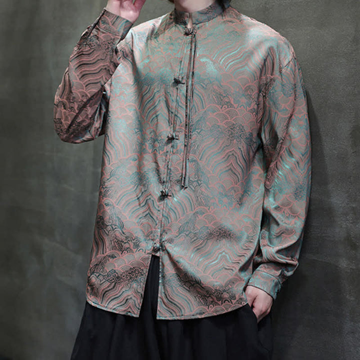 Buddha Stones Chemises à manches longues pour hommes, style Tang vintage automne, col mandarin, motif vagues abstraites - image 2