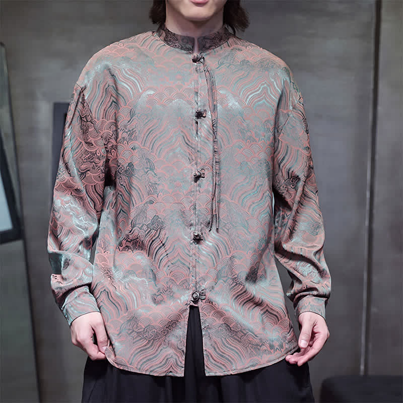 Buddha Stones Chemises à manches longues pour hommes, style Tang vintage automne, col mandarin, motif vagues abstraites - image 1