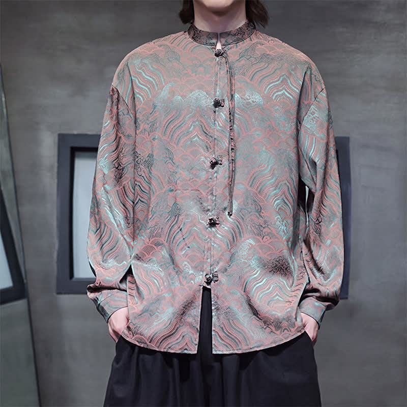 Buddha Stones Chemises à manches longues pour hommes, style Tang vintage automne, col mandarin, motif vagues abstraites - Vert olive foncé - US/UK/AU46，EU56 (5XL) - image 0