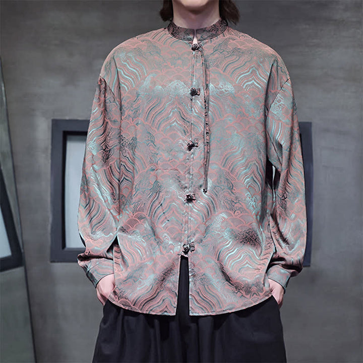 Buddha Stones Chemises à manches longues pour hommes, style Tang vintage automne, col mandarin, motif vagues abstraites - Vert olive foncé - US/UK/AU46，EU56 (5XL) - image 0