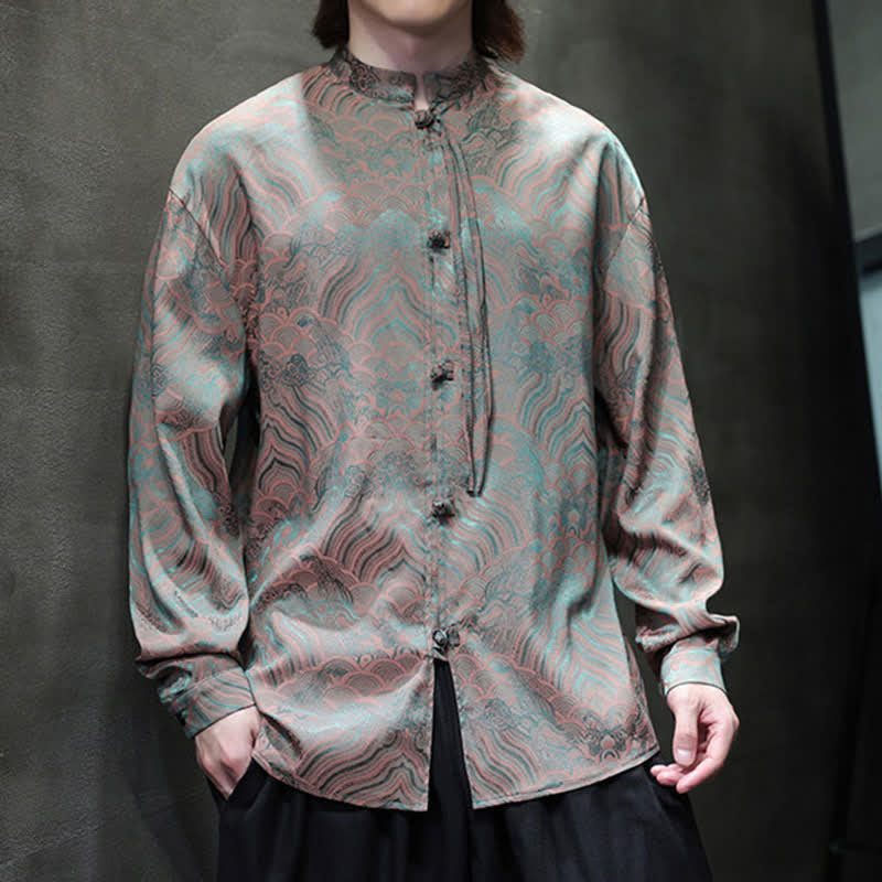 Buddha Stones Chemises à manches longues pour hommes, style Tang vintage automne, col mandarin, motif vagues abstraites - image 8
