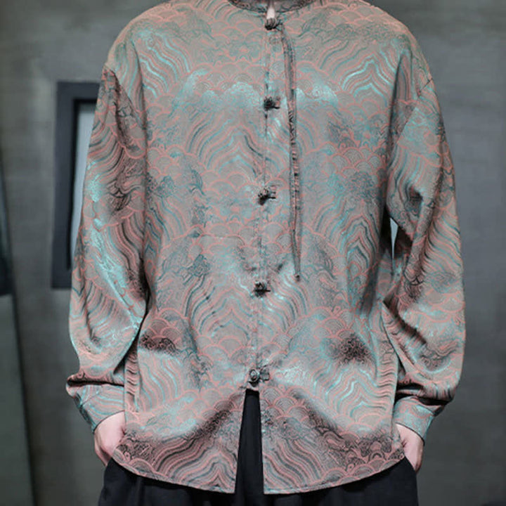 Buddha Stones Chemises à manches longues pour hommes, style Tang vintage automne, col mandarin, motif vagues abstraites - image 10