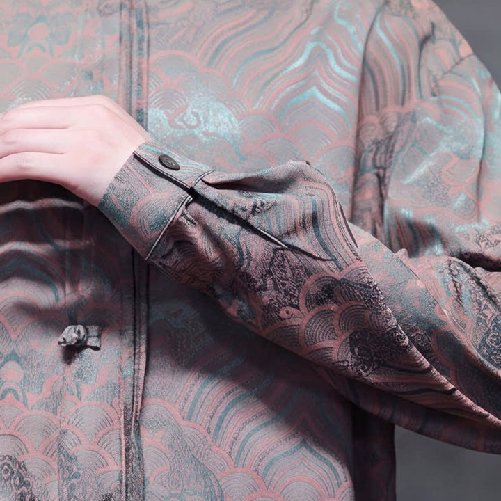 Buddha Stones Chemises à manches longues pour hommes, style Tang vintage automne, col mandarin, motif vagues abstraites - image 14