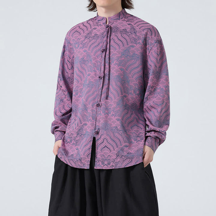 Buddha Stones Chemises à manches longues pour hommes, style Tang vintage automne, col mandarin, motif vagues abstraites - Chardon - US/UK/AU46，EU56 (5XL) - image 16