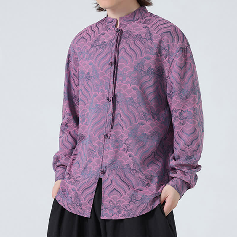 Buddha Stones Chemises à manches longues pour hommes, style Tang vintage automne, col mandarin, motif vagues abstraites - image 17