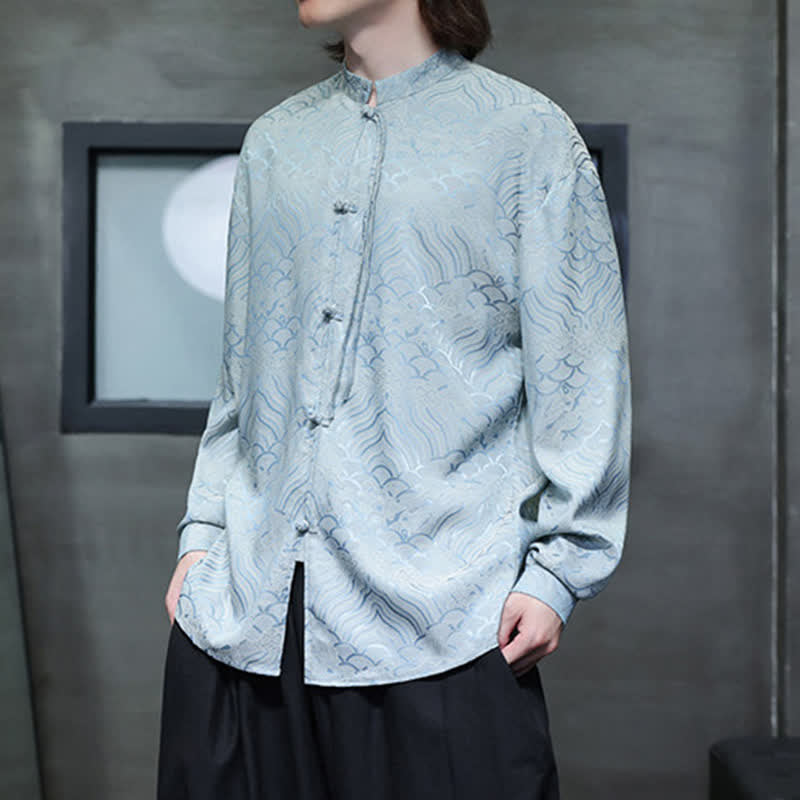Buddha Stones Chemises à manches longues pour hommes, style Tang vintage automne, col mandarin, motif vagues abstraites - image 30