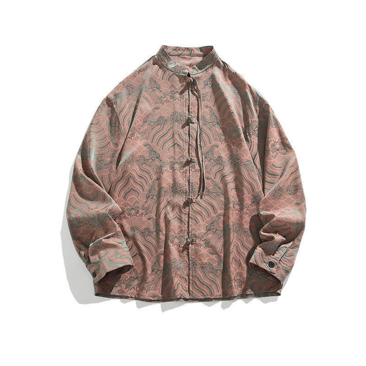 Buddha Stones Chemises à manches longues pour hommes, style Tang vintage automne, col mandarin, motif vagues abstraites - image 15