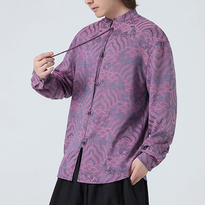 Buddha Stones Chemises à manches longues pour hommes, style Tang vintage automne, col mandarin, motif vagues abstraites - image 18
