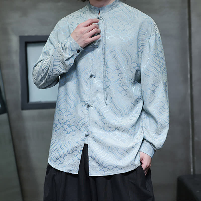Buddha Stones Chemises à manches longues pour hommes, style Tang vintage automne, col mandarin, motif vagues abstraites - image 32