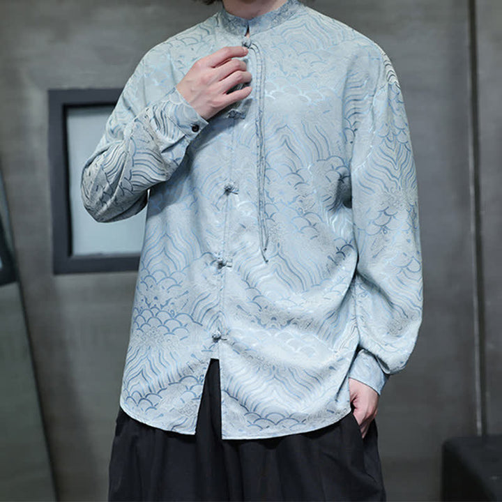 Buddha Stones Chemises à manches longues pour hommes, style Tang vintage automne, col mandarin, motif vagues abstraites - image 32