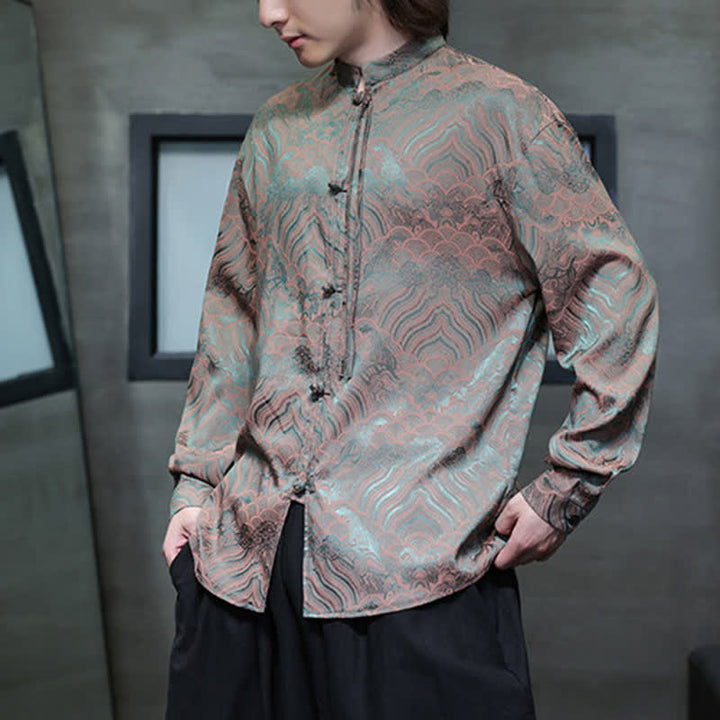 Buddha Stones Chemises à manches longues pour hommes, style Tang vintage automne, col mandarin, motif vagues abstraites - image 5