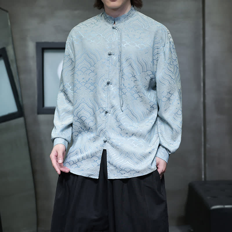 Buddha Stones Chemises à manches longues pour hommes, style Tang vintage automne, col mandarin, motif vagues abstraites - Bleu clair - US/UK/AU46，EU56 (5XL) - image 26