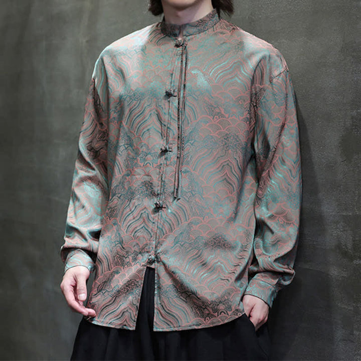 Buddha Stones Chemises à manches longues pour hommes, style Tang vintage automne, col mandarin, motif vagues abstraites - image 3