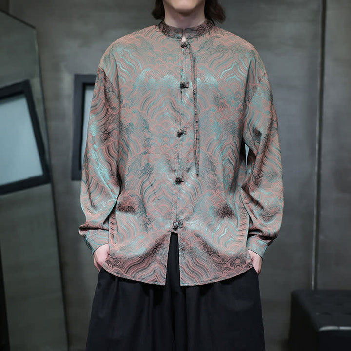 Buddha Stones Chemises à manches longues pour hommes, style Tang vintage automne, col mandarin, motif vagues abstraites - image 7