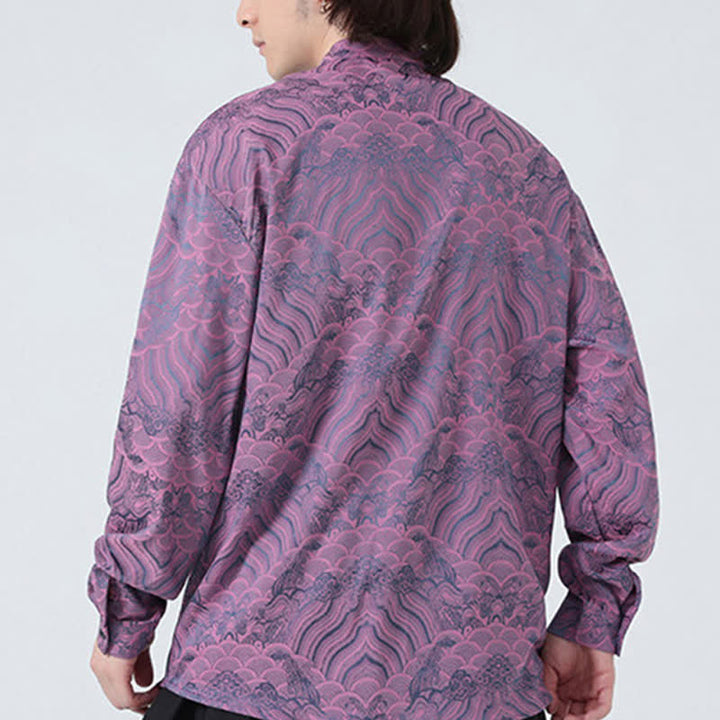 Buddha Stones Chemises à manches longues pour hommes, style Tang vintage automne, col mandarin, motif vagues abstraites - image 19