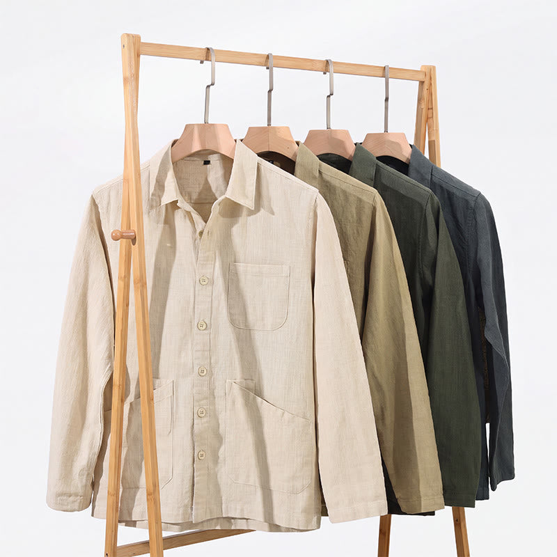 Buddha Stones Veste homme minimaliste décontractée d'automne en ramie unie à boutons avec poches - image 21