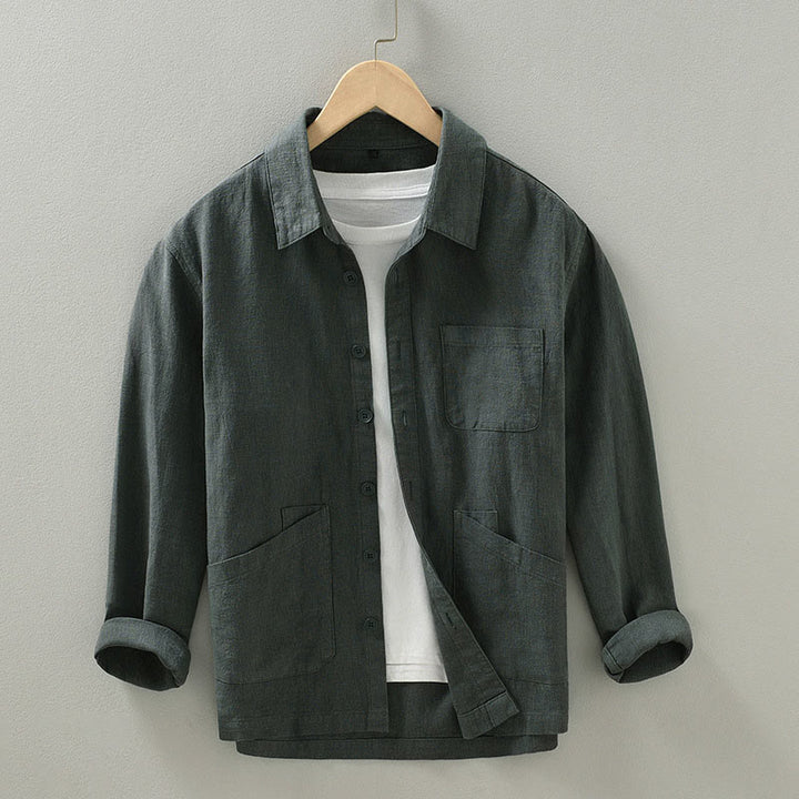 Buddha Stones Veste homme minimaliste décontractée d'automne en ramie unie à boutons avec poches - Gris terne - US/UK/AU42，EU52 (3XL) - image 0